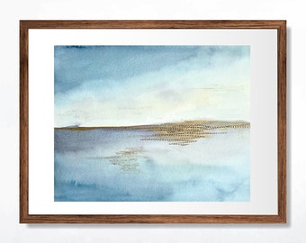 Original Minimal Landscape Artwork | Stitched Watercolor Painting, Mixed Media