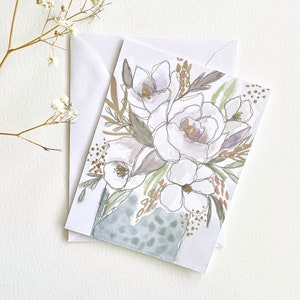 Notecard vierge floral, aquarelle avec accent métallique, carte de voeux stationnaire botanique