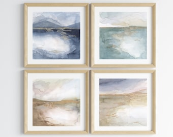 Set of 4 Fine Art Prints, Original Landscape Art, Stitched Watercolor Painting. Wall Art "Tiny Landscapes”