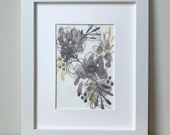 watercolor and thread on watercolor paper. Modern Home Decor Original Floral Embroidery and Painting Art