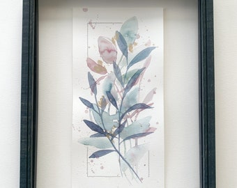 Original Botanical Painting Art, Modern Home Decor, watercolor, thread on watercolor paper.
