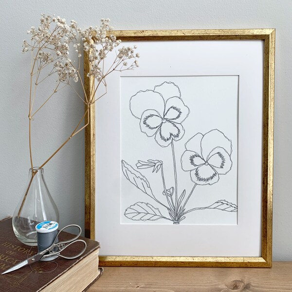 Original Minimal Floral Embroidery Art, Modern Home Decor, grey thread on watercolor paper "Stitched Pansies”