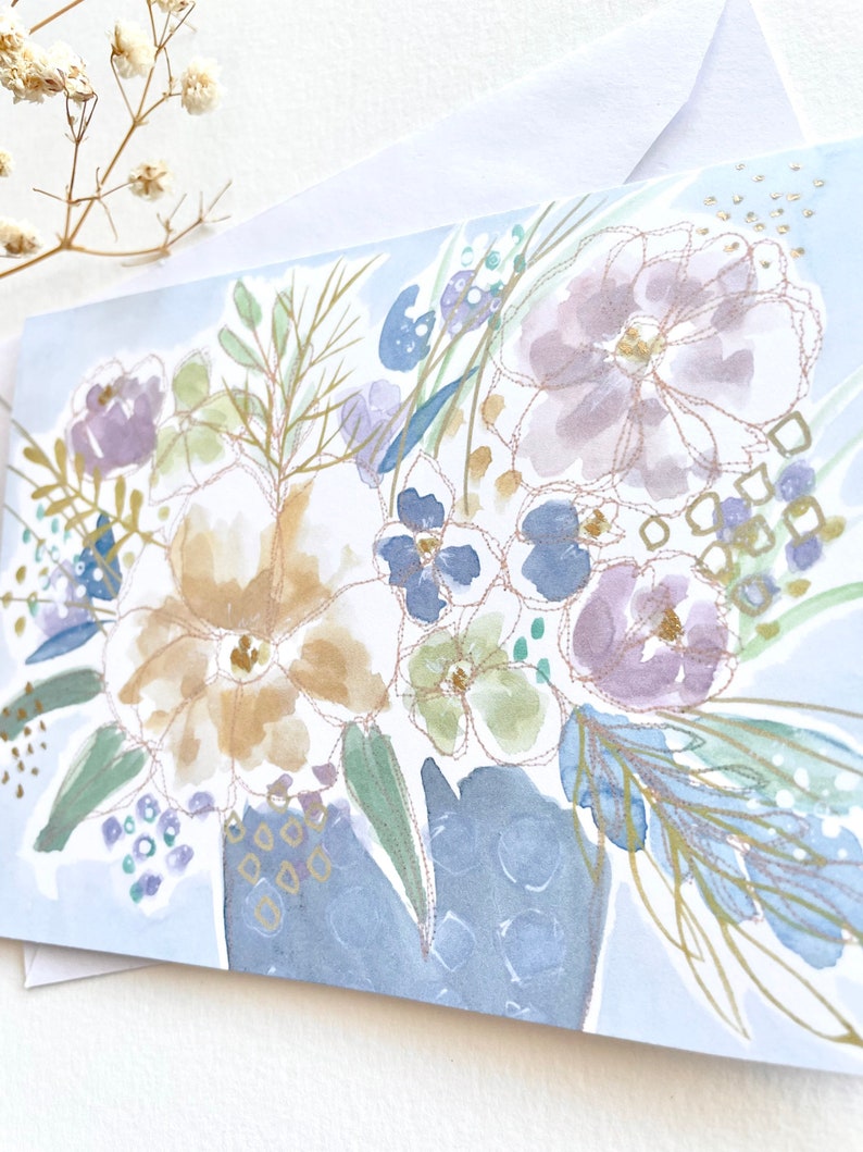 Floral Blank Notecard, Watercolor with metallic accent, Botanical Stationary Greeting Card image 3