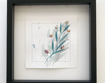 Original Botanical Painting Art, Modern Home Decor, watercolor, thread on watercolor paper.