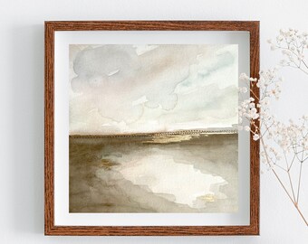 Original Minimal Landscape Artwork | Stitched Watercolor Painting, Mixed Media