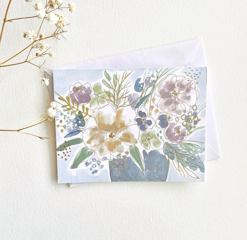 Floral Blank Notecard, Watercolor with metallic accent, Botanical Stationary Greeting Card image 1