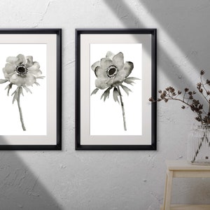 Anemone Set of 2 Fine Art Prints, Original Floral Art, Sumi Ink Painting, Black and white botanical prints, Minimalist Decor image 5