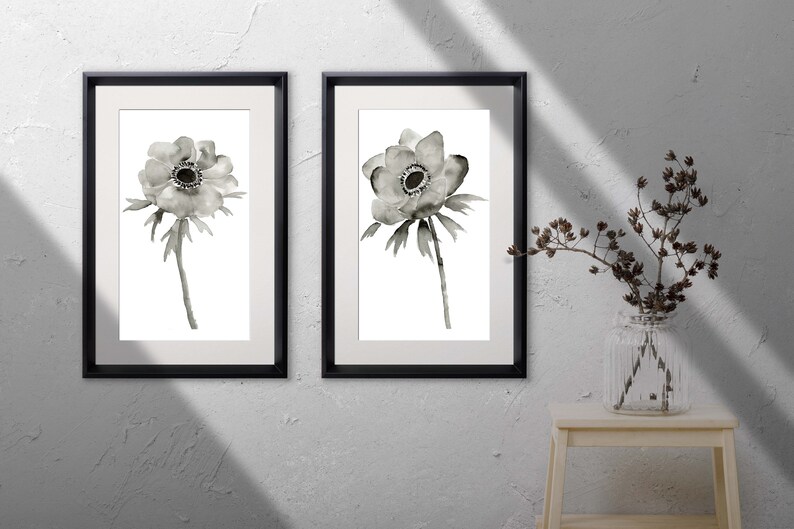 Anemone Set of 2 Fine Art Prints, Original Floral Art, Sumi Ink Painting, Black and white botanical prints, Minimalist Decor image 5