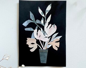 Paper-Cut Watercolor Floral Arrangement | Mixed Media, Original Art