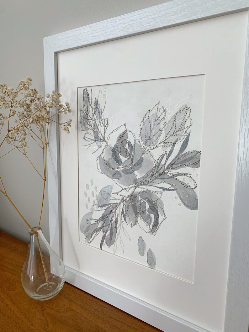 watercolor and thread on watercolor paper. Modern Home Decor Original Floral Embroidery and Painting Art
