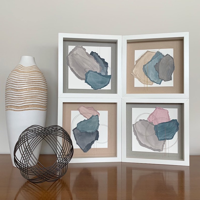 Color Study #9 Acrylic with Thread Stitching Original Abstract Mixed Media Painting on Paper 9x9 inches