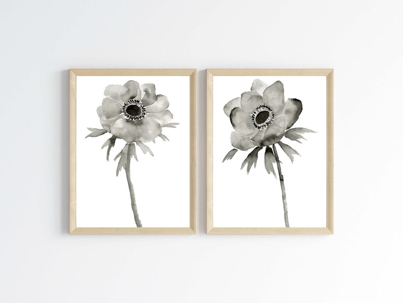 Anemone Set of 2 Fine Art Prints, Original Floral Art, Sumi Ink Painting, Black and white botanical prints, Minimalist Decor image 1