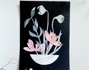 Paper-Cut Watercolor Floral Arrangement | Mixed Media, Original Art