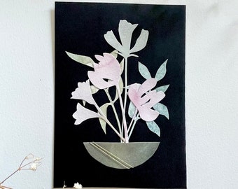 Paper-Cut Watercolor Floral Arrangement | Mixed Media, Original Art