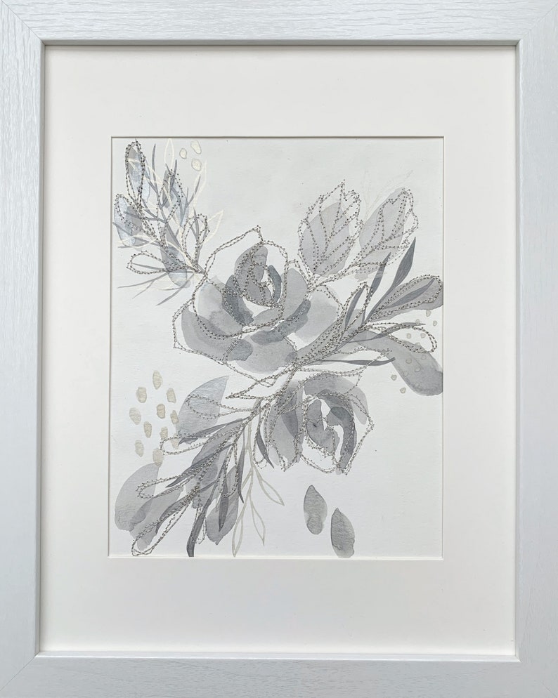 watercolor and thread on watercolor paper. Modern Home Decor Original Floral Embroidery and Painting Art