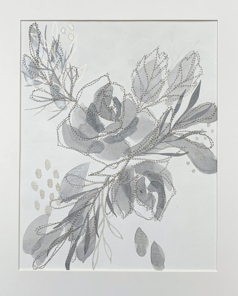 watercolor and thread on watercolor paper. Modern Home Decor Original Floral Embroidery and Painting Art