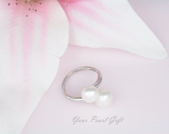 Mini Ring Double Pearl Ring Pearl Promise Ring Pearl Engagement Ring Two Pearl Ring Sterling Silver Butterfly Open Ring Adjustable Ring