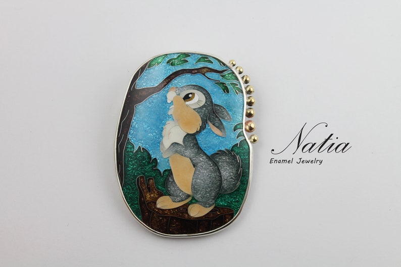 Rabbit brooch pendant / Real cloisonne enamel jewelry / Unique Etsy