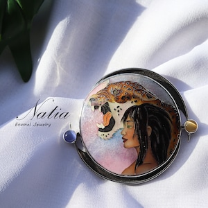 Woman with Leopard pendant / Fire cloisonne enamel brooch-pendant / Wearable art jewelry for her / Pendant for necklace / Gift For her