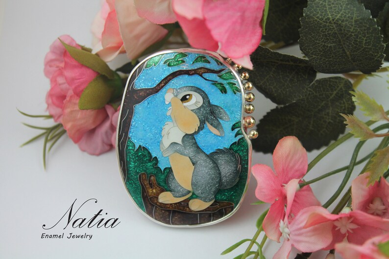 Rabbit brooch pendant / Real cloisonne enamel jewelry / Unique Etsy