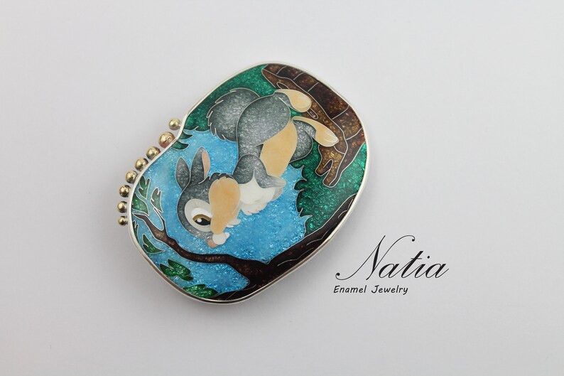 Rabbit brooch pendant / Real cloisonne enamel jewelry / Unique Etsy
