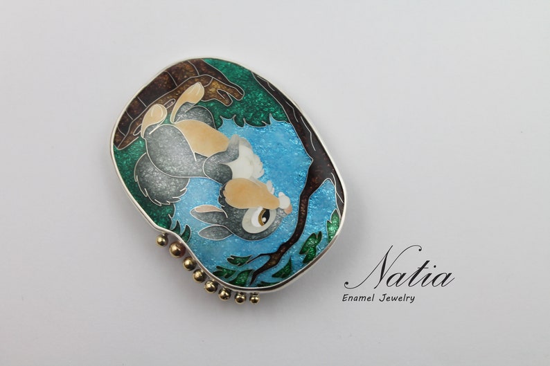 Rabbit brooch pendant / Real cloisonne enamel jewelry / Unique Etsy