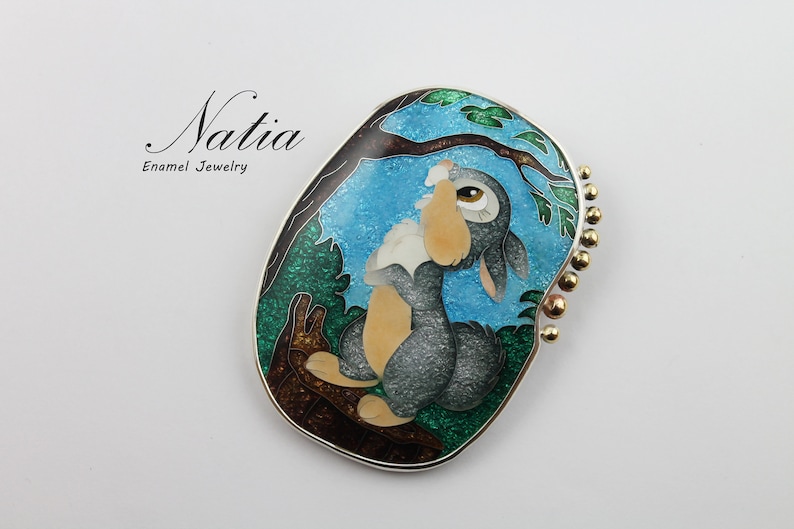 Rabbit brooch pendant / Real cloisonne enamel jewelry / Unique Etsy