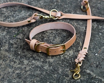Collar & dog leash in leather, nature, handmade