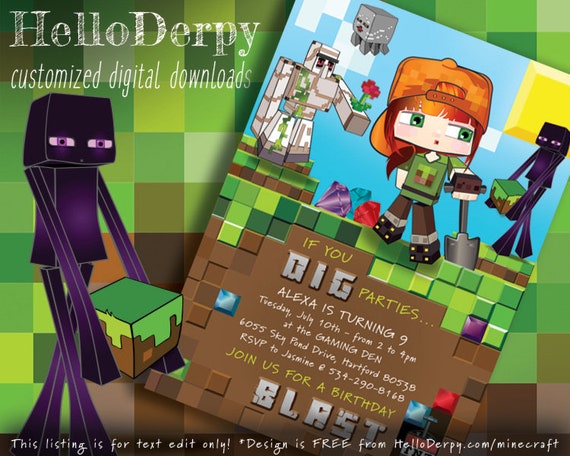 Mine Themed Birthday Party Invitation for Girls. HelloDerpy (online gamer & YouTube personality) is digging and mining up GEMSTONES!! Il_570xn