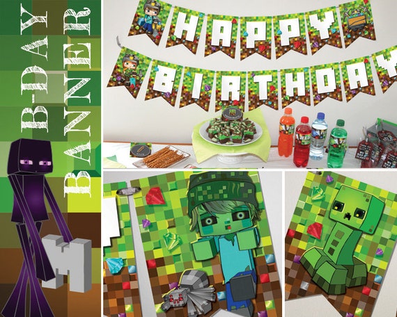 Mine Themed Birthday Banner! Green and Brown Pixel. Boy and Girl Miners, Minecart plus BONUS Minecraft inspired characters. Full Alphabet! Il_570xn