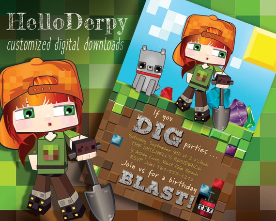 Mine Theme Birthday Party Invitation. HelloDerpy (an online gamer & YouTube personality) is digging for gemstones in pixel art style! Il_570xn