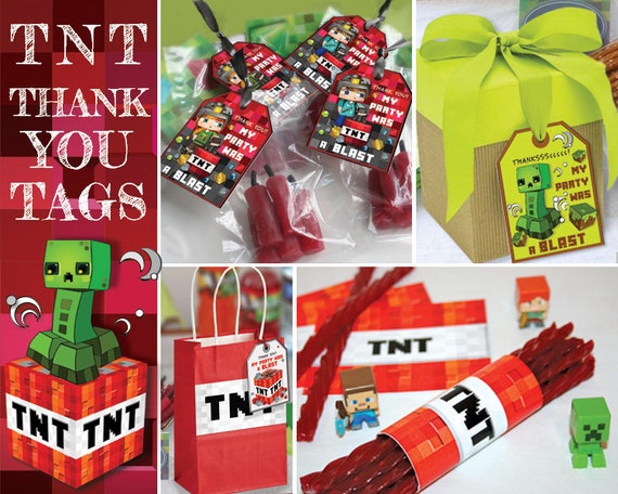 TNT Thank You Tag, TNT Licorice Wraps, Instant Download Party Printable. Miner Boy & Girl Blasting TNT *Bonus Minecraft inspired Creeper Tag Il_570xn