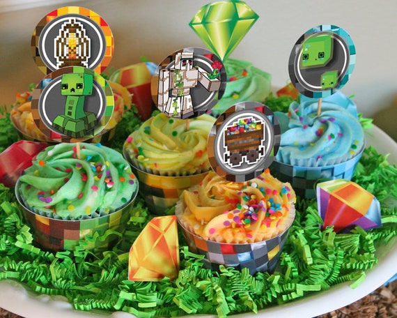 Mine Themed Cupcake Wrappers & Toppers! Printable Pixel Wrappers, Gemstones, TNT, Lantern, Minecart! *BONUS Minecraft inspired characters Il_570xn