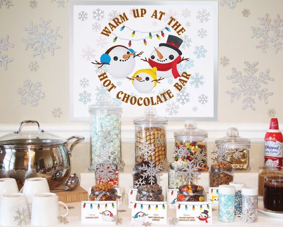 Hot Chocolate Bar Sign | Topping Food Tents | Party Invitation | Mason Jar Lid Gift Tag | Snowman, Snowflakes & Holiday Lights Il_570xn