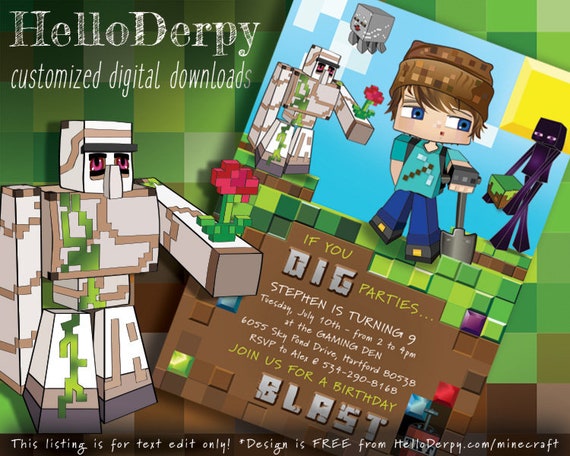 Mine Themed Birthday Party Invitation for Gamers. HeyDerp (online gamer & YouTube personality) is digging with Minecraft inspired friends! Il_570xn