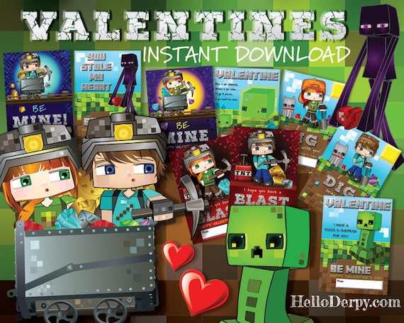 Instant Download Mine Theme Classroom Valentine S Day Cards Features Helloderpy Heyderp Plus Bonus Minecraft Inspired Valentines By Helloderpy Catch My Party