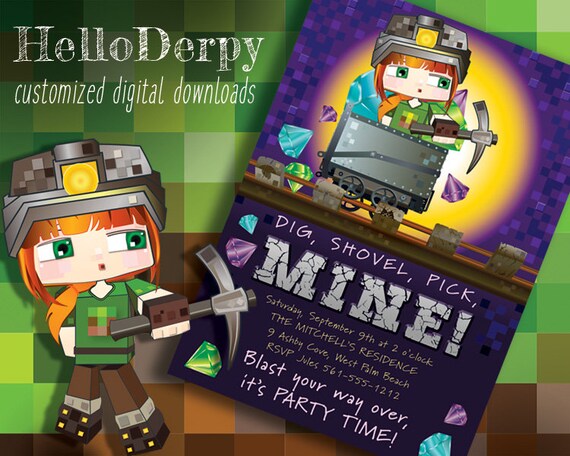 Mine Cart Birthday Party Invitation (Digital Download). HelloDerpy (online gamer & YouTube personality) is loading her cart with gemstones Il_570xn