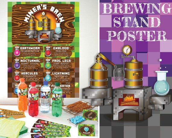 Large Brewing Stand Poster - Pixel Mining Theme - Instant Download Party Printables - Green & Brown Pixel Background with Colorful Potions Il_570xn