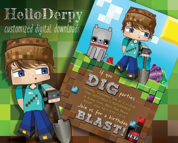 Invitation for Mining Theme Birthday Party. HeyDerp (online gamer & YouTube personality) is digging for gemstones in pixel art style! Il_570xn