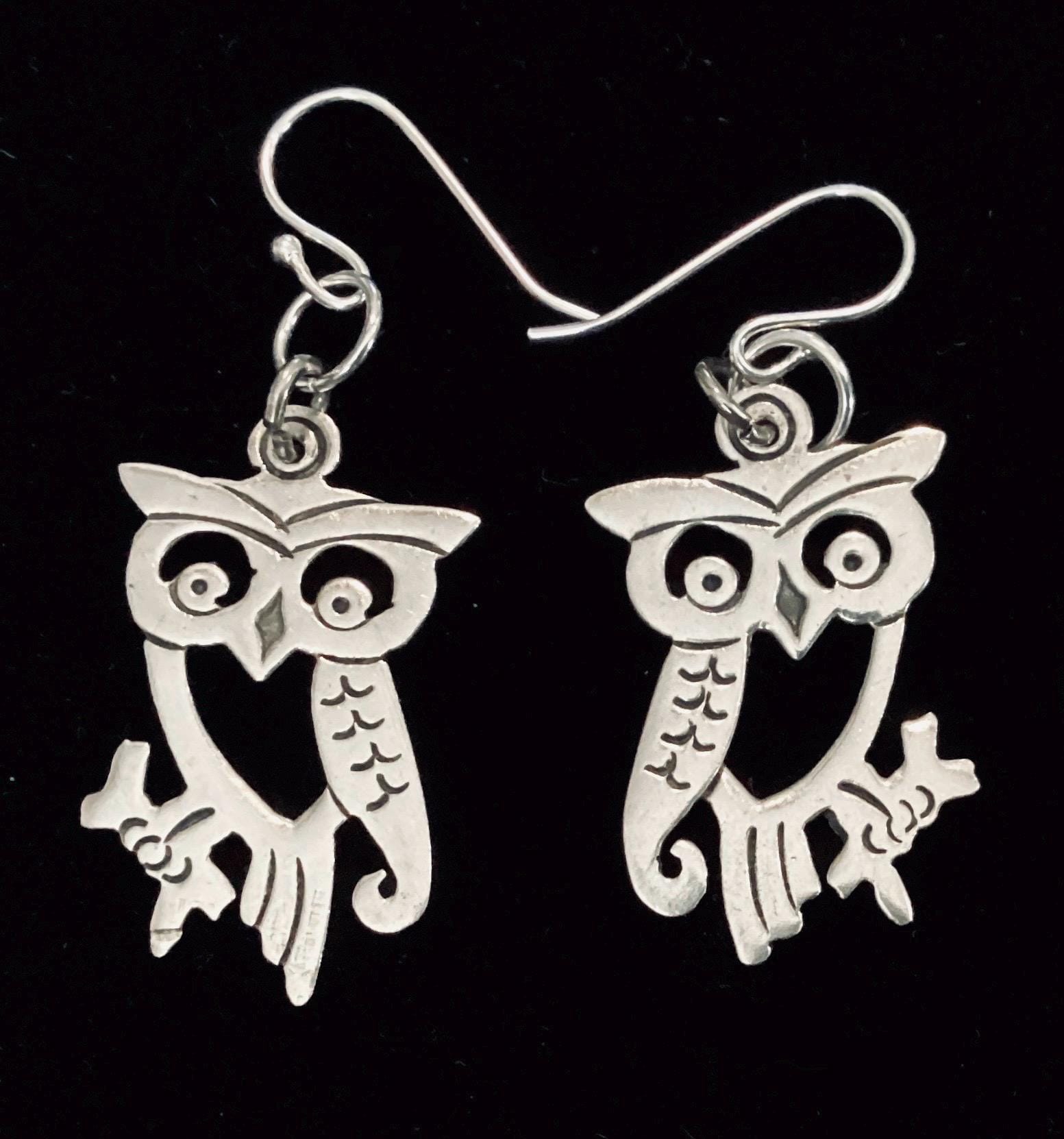 Vintage Sterling Silver Owl Pierced Earrings  925