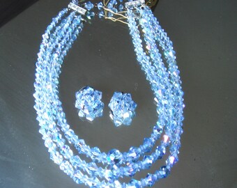 Vintage Blue Crystal Necklace and Earring Set Aurora Borealis 1950's