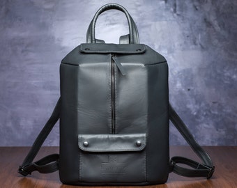 Dunkelgrauer Lederrucksack, Damen Rucksack, Geometrische Tasche, Reißverschluss Rucksack, Moderucksack, elegante Tasche, Top Henkel Tasche, Laptoptasche
