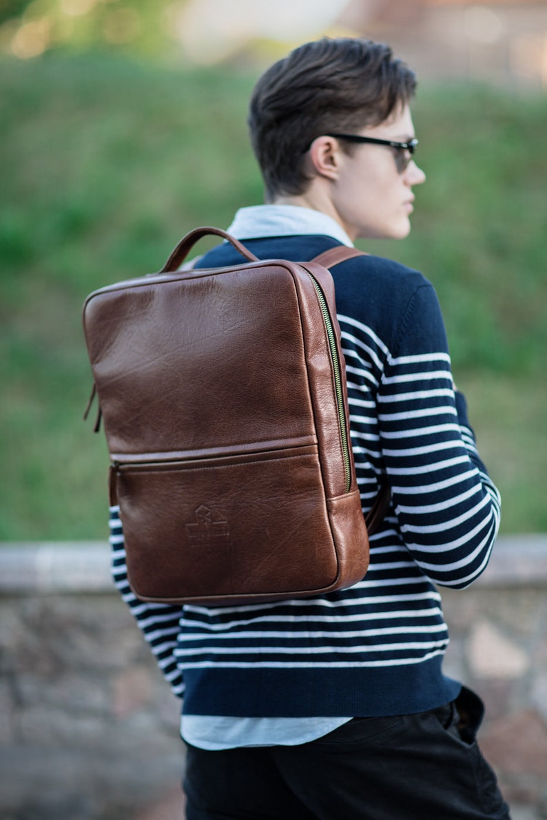 Brown Leather Backpack, Tan Rucksack, Minimalist Backpack, Laptop Bag, City Bag, Urban Backpack, College Bag, Elegant Bag, Everyday Backpack image 1