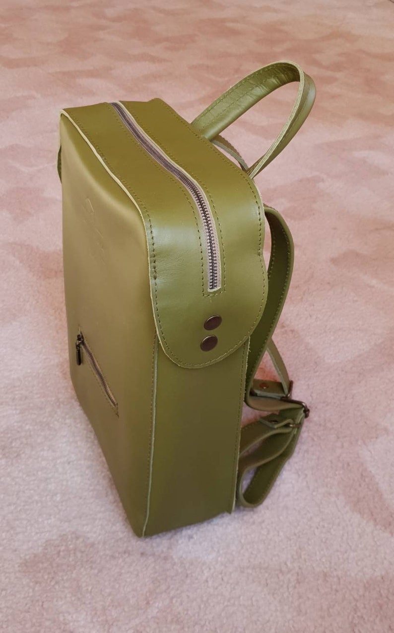 Green leather backpack, moss colour laptop backpack image 2