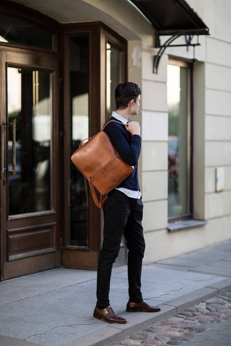 Brown Leather Backpack, Tan Rucksack, Minimalist Backpack, Laptop Bag