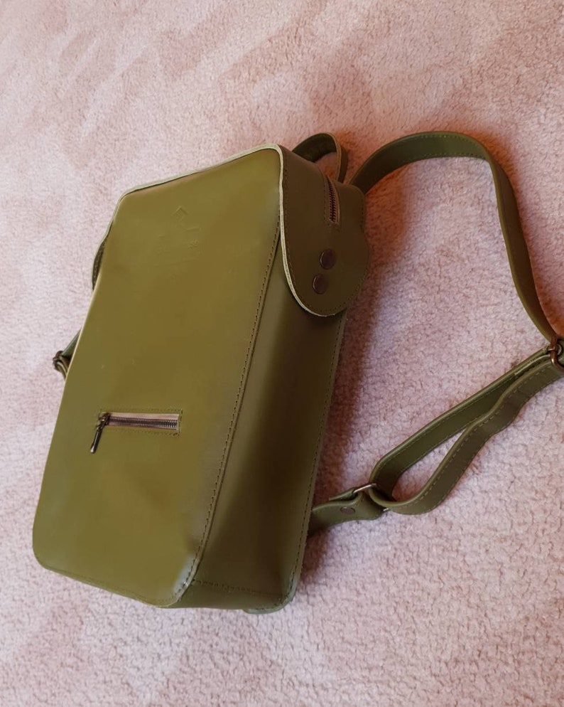 Green leather backpack, moss colour laptop backpack image 3