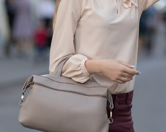 Graue Leder Handtasche, Damen Umhängetasche, Seitentasche, Crossbody Tasche, lange Riementasche, Wickeltasche, Top HenkelTasche, Alltagstasche