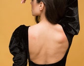 Vintage inspired black velvet bodysuit with puffed sleeves statement bodysuit with open back puff long sleeve top