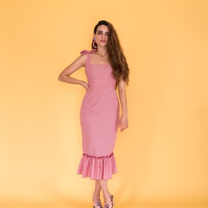 milkmaid dress | red gingham dress |  polka dot ruffled midi dress with adjustable ties