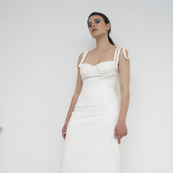 Fitted waist dress: White jacquard bustier dress | Form fitting bridal dress | Corset midi dress